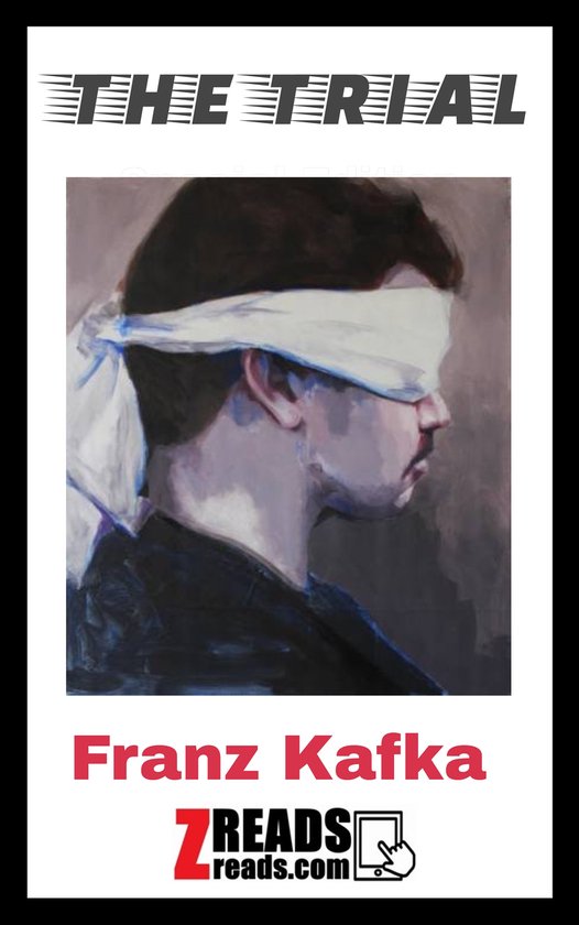 Couverture du livre 'The Trial' avec un tableau d'un homme bandé des yeux et le texte de Franz Kafka.