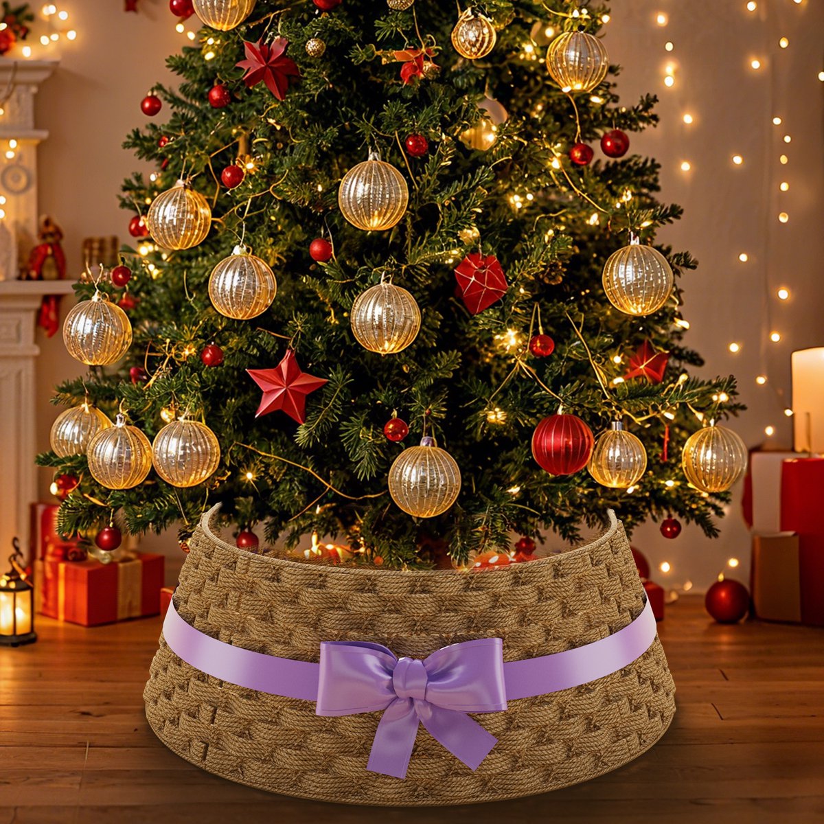 Soontrans Kerstboommand- Kerstboomrok van Papieren koord- Decoratieve hoes om de kerstboomstandaard - Kerstboomring - kraag Kerstboomrok-61cm