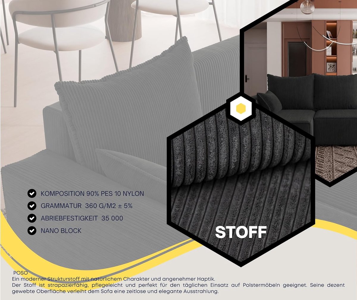 Hoekbank met Slaapfunctie en Bedlade – L-vorm Sofa 3-zits 246x145 cm – Comfortabele Slaapbank in Corduroy Poso 34 Grafiet – Moderne Hoekbank met Opbergruimte – Novihome