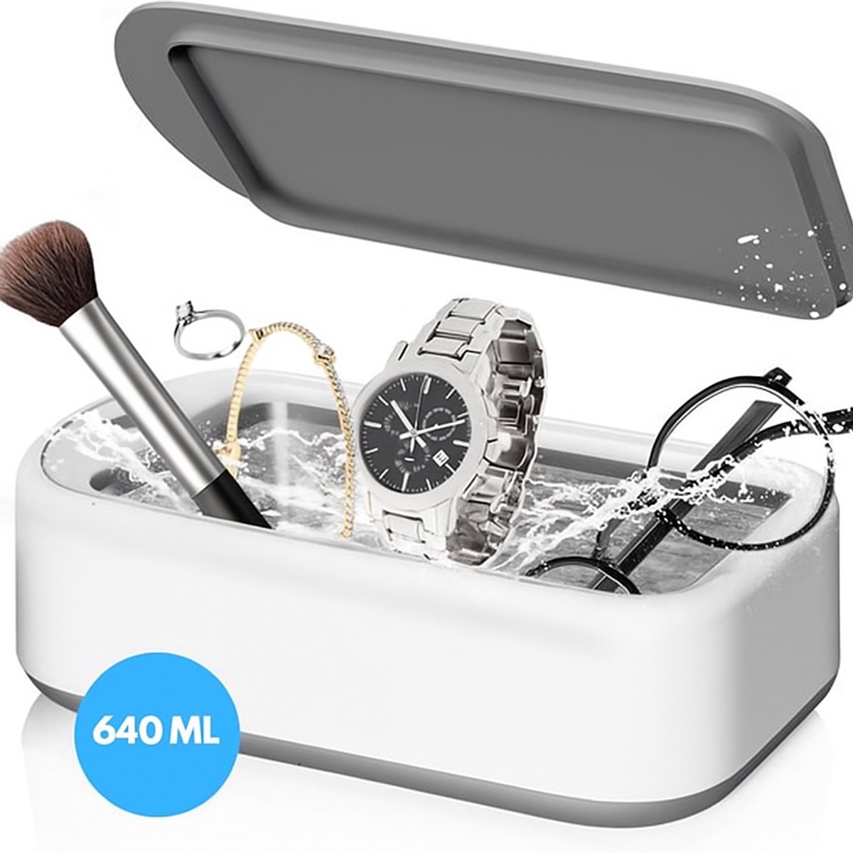 Yarvu ® Ultrasoon Reiniger 640ml - Ultrasone - Reinigingsapparaat Voor Brillen / Sieraden / Horloge / Munten - Ultrasoonbad - Brillenreiniger - Brillenbad - Make up kwast - Wit Grijs