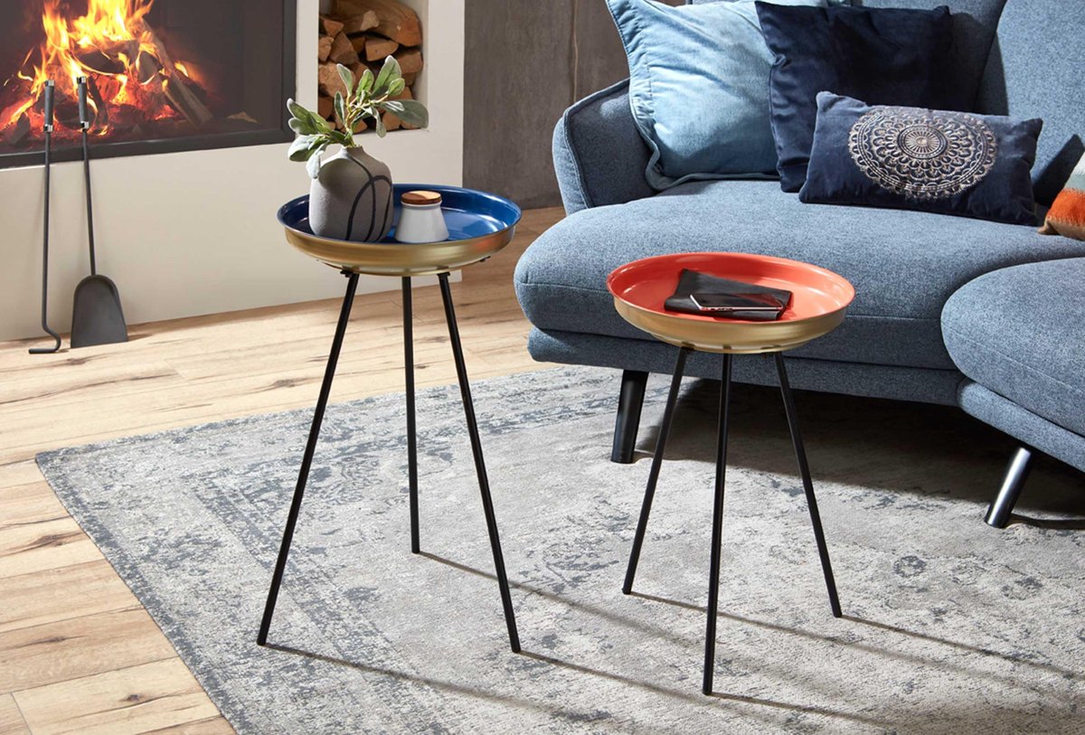 Unyqoos Stijlvolle Art Deco Bijzettafelset van Twee in Blauw, Goud en Koraal Blauw rood