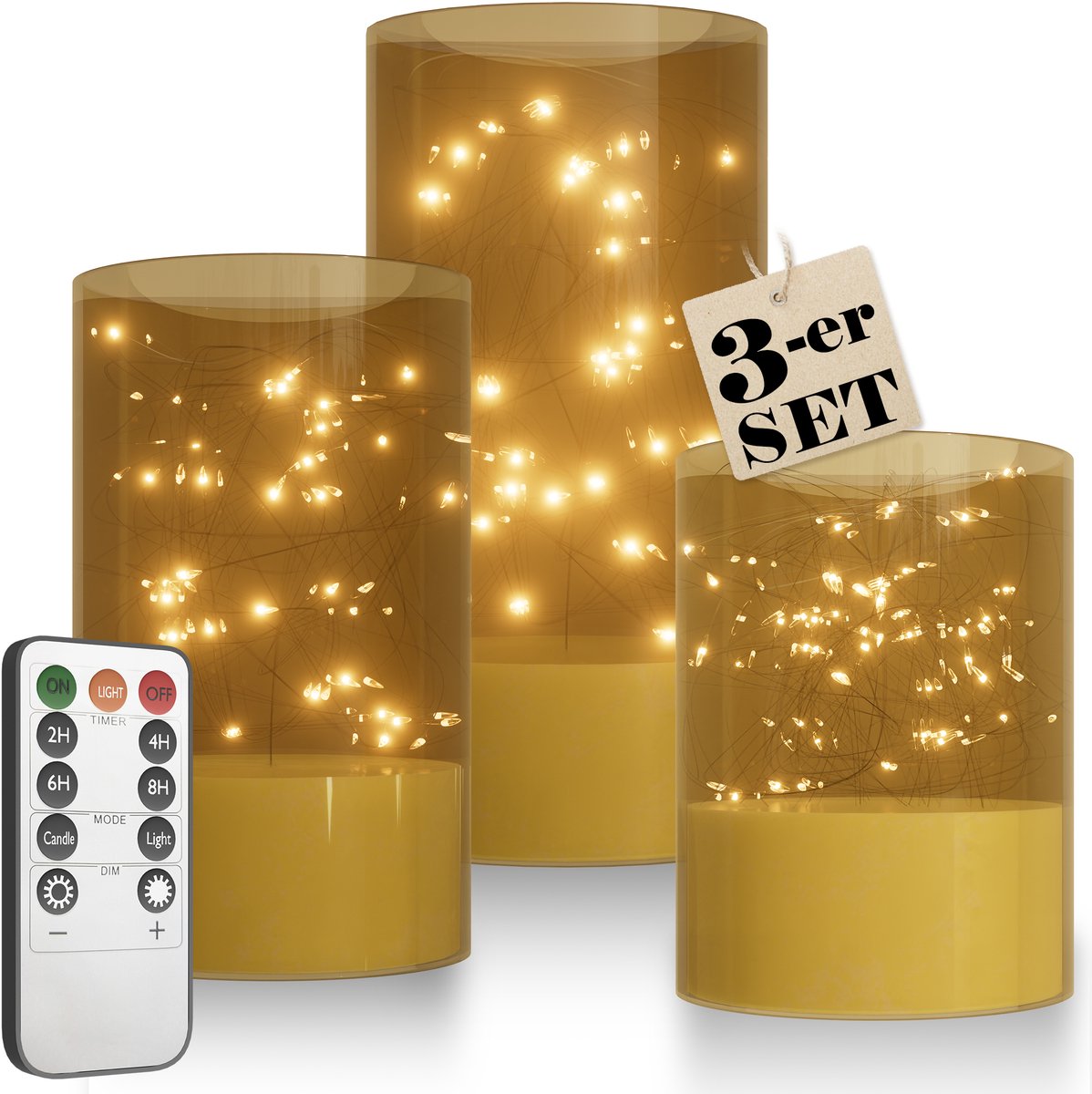Set van 3 LED-kaarsen, Filament Design, Vlamloze kaarsen met afstandsbediening, Stompkaarsen met timerfunctie, Elektrische kaarsen met flikkerende vlammen voor tafeldecoratie, badkamerdecoratie, woonkamerdecoratie - Goud