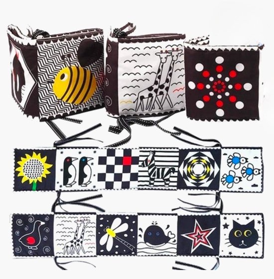 Foto: Yippiez zacht babyboekje box speelgoed zwart wit contrasterend sensorisch leren kraamkado kraamcadeau speelgoed voor in de wieg