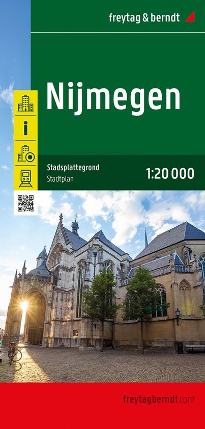 Stadsplattegrond Nijmegen schaal 1:20000 met afbeelding van een kerk, zonlicht en de Waal