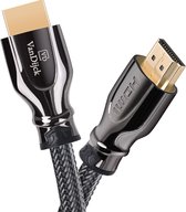 Twee glimmende, zwarte HDMI-kabels met gouden connectoren van VanDijck. Ze hebben een gevlochten mantel en de tekst 'HDMI' op de connector.