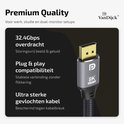 Grijze Displayport kabel met 8K Ultra HD logo, 32.4Gbps overdracht, plug & play en ultra sterke gevlochten kabel.