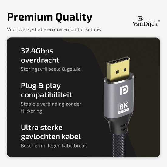 Grijze Displayport kabel met 8K Ultra HD logo, 32.4Gbps overdracht, plug & play en ultra sterke gevlochten kabel.
