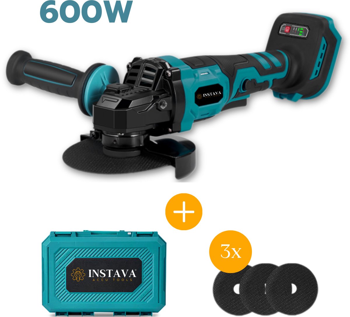 Instava Haakse Slijper 600W zonder Accu - Ø125MM - Geschikt Voor Makita 18v Accu - Incl. 3x Slijpschijven + Stevige opbergkoffer