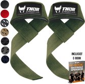 Groene Thor Athletics lifting straps met zwart logo en e-book. Diverse kleuren en patronen van de straps zichtbaar links.