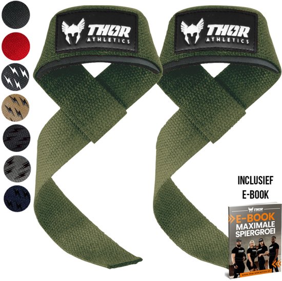 Sangles de levage Thor Athletics - Accessoires de vêtements pour bébé de Musculation - Sangles de force athlétique - Sangles de soulevé de terre - Vert armée - Livre électronique inclus