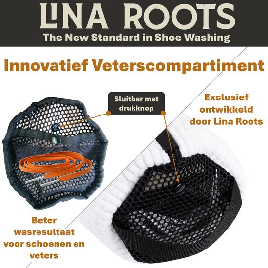 Sac de lavage blanc Lina Roots avec compartiment innovant pour lacets, refermable par bouton-pression.