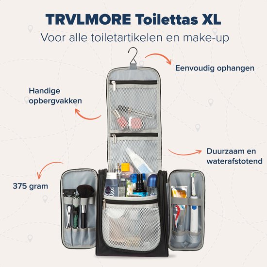 TRVLMORE XL Toilettas met Haak - Hangend - Heren - Dames - Mannen - Vrouwen - Make-up Tasje - Zwart