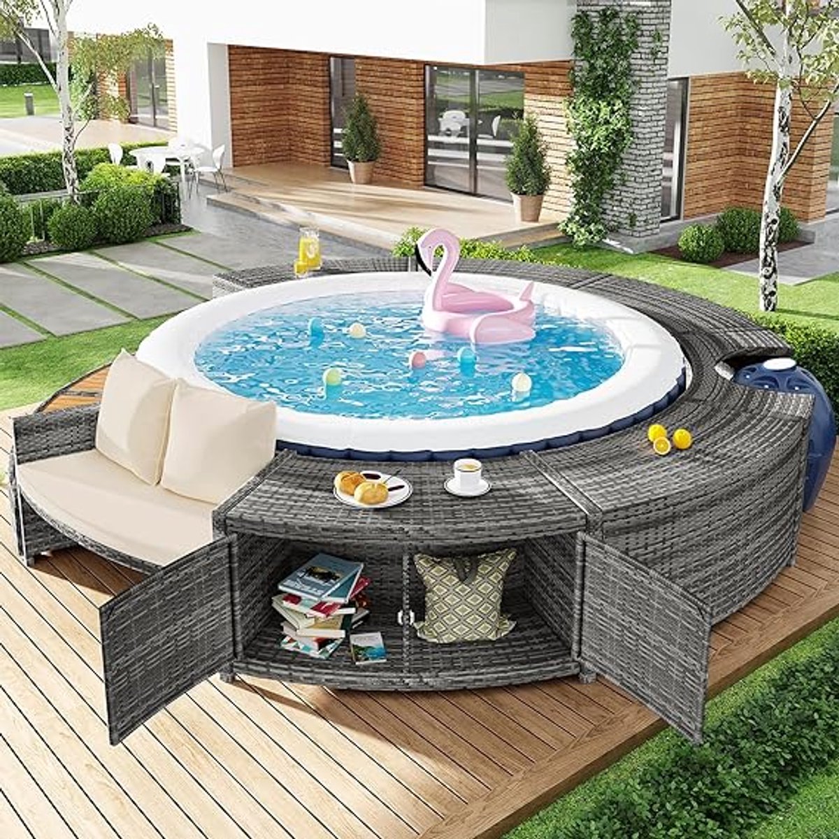 Ronde Loungeset voor Zwembad en Whirlpool – Novihome Luxe Spa Lounger met Opbergruimte, Verstelbare Poten, UV-bestendig PE-rotan en Acaciahout – Inclusief Comfortkussens – Buitenmeubel voor Tuin, Terras en Zwembadrand – Diameter 283 cm
