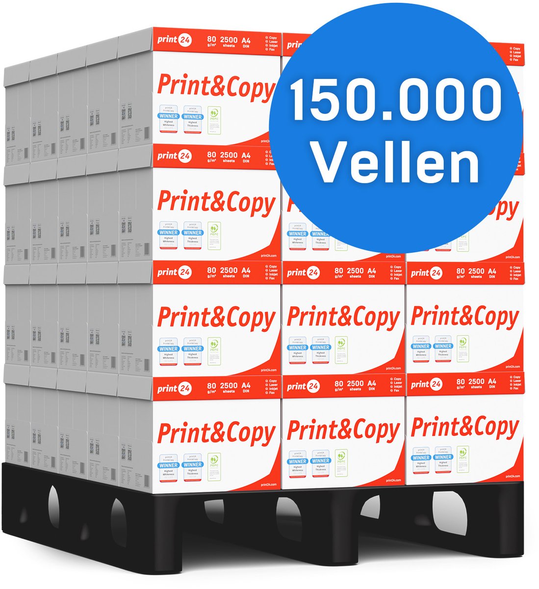 print24 Printerpapier kopieerpapier 150000 vellen 60 x 2500 A4 80g premium wit testwinnaar PEFC