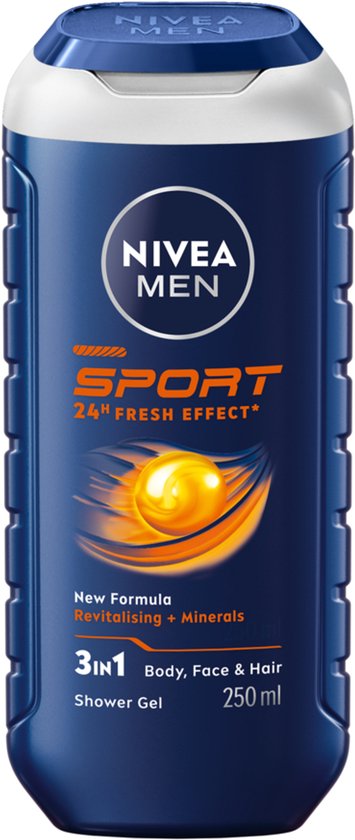NIVEA MEN SPORT 3-in-1 douchegel met revitaliserende mineralen en 24h frisse effect.