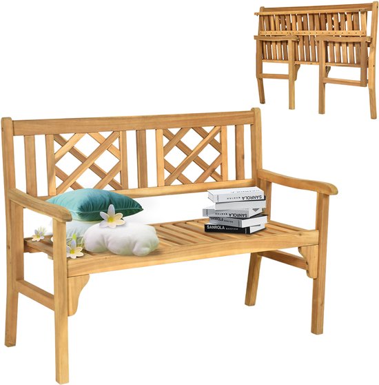 Houten tuinbank met kussens en boeken, en een opgevouwen versie bovenin.