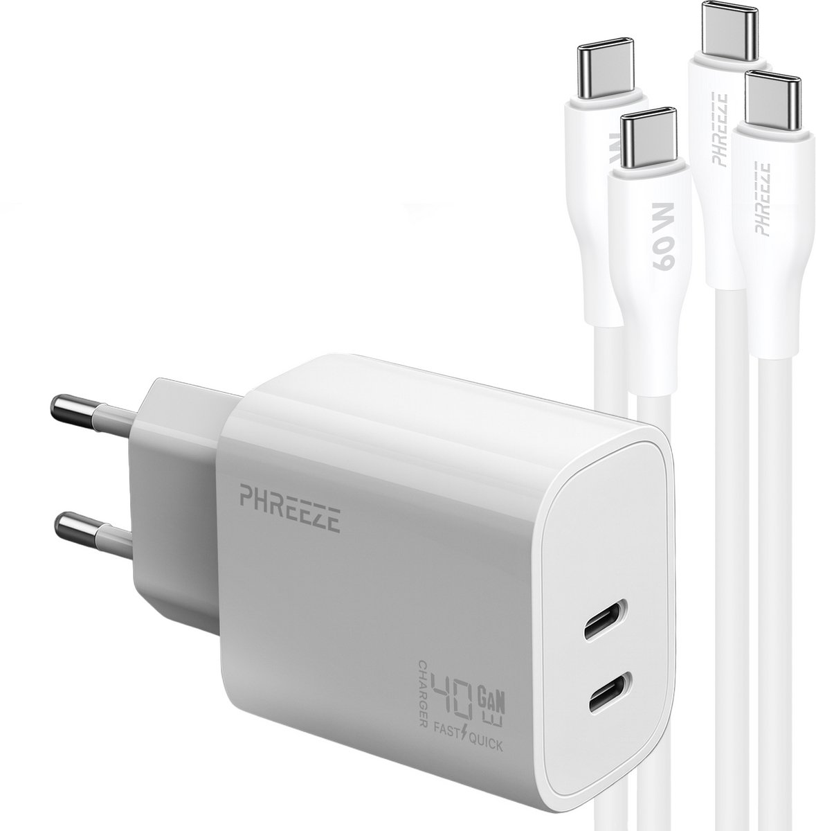 Phreeze 40 W usb C oplader - Dual port GaN charger met 2 usb C naar usb C kabels 1m - Snellader voor telefoon en tablet