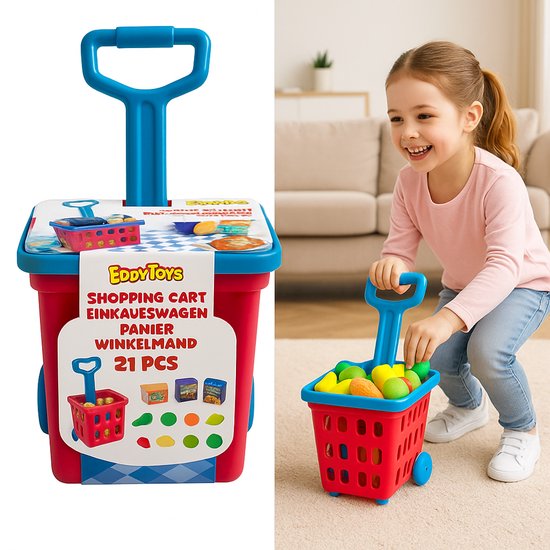 EDDY TOYS - Winkelmandje speelgoed - Boodschappen trolley - 20 Delige - winkelkarretje - Speelgoed - Winkelkar - Winkel