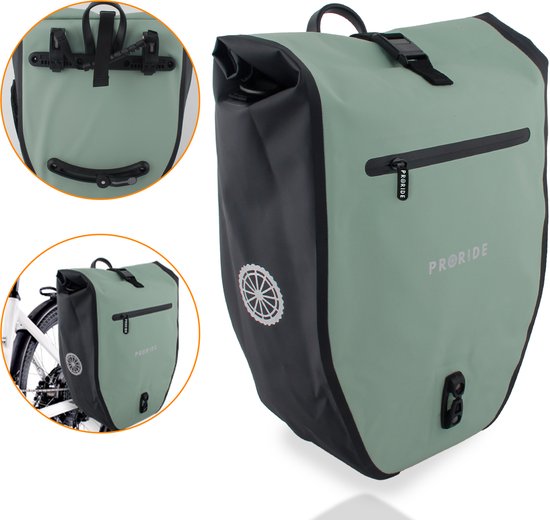 Sacoche de vélo Proride vert clair avec accents noirs, fermeture magnétique, poche zippée et un réflecteur.