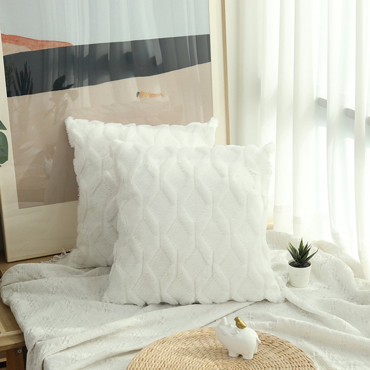 Tweedelig kussensloop van imitatiebont, 50x50 cm; decoratieve kussensloopset van zacht pluche, 19 x 19 inch; geschikt voor banken en woonkamers; wit.