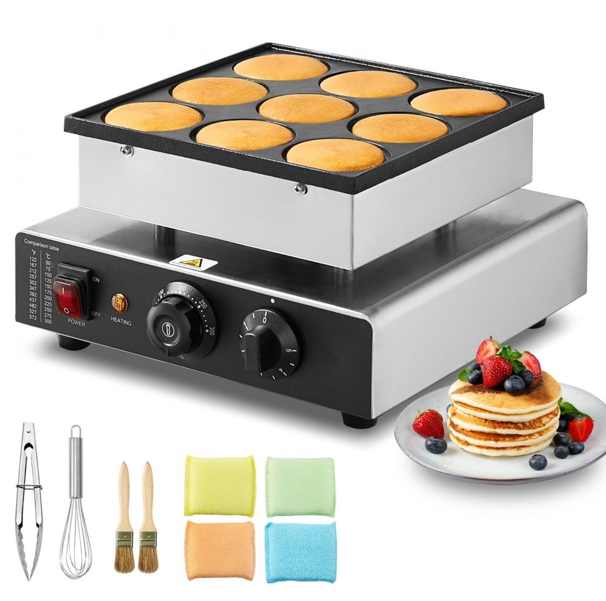 Mini Pannenkoekenmaker - Commerciële Pannenkoekenmachine - 9 Vormen - Diameter 7,6 cm - 850 W - Temperatuur- en Tijdsregeling - Dorayaki Bakplaat