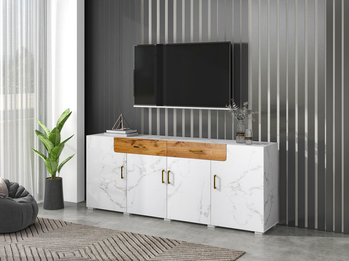 STILVORA Dressoirs - Sideboard Bruin Met LED Licht - 4 Deuren En Meerlagige Opbergruimtes - 140×35×113 cm - Spaanplaat Wit