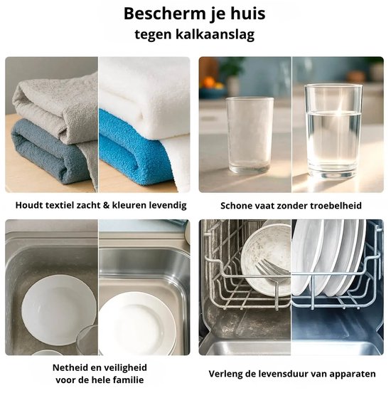 Collage: Zachte, opgevouwen handdoeken; glas helder water; schone keuken- en vaatwasmachine-inhoud. Vergelijking voor/na waterontharding.