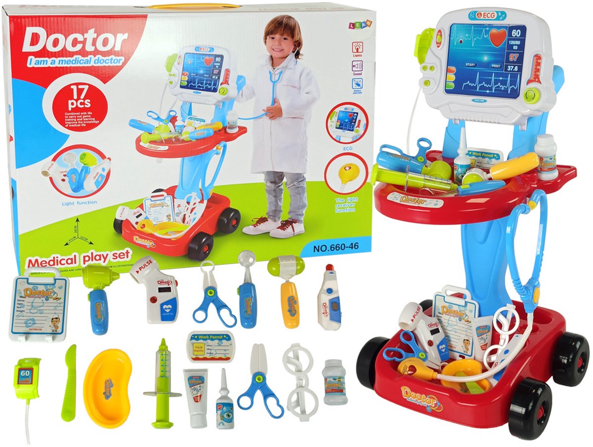 Leantoys Dokterspel 17 delig - Verrijdbare Doktersset met EKG en Licht en Geluid - Speelgoed Arts 3+ - Dokterset Kind - Dokter Speelgoed -