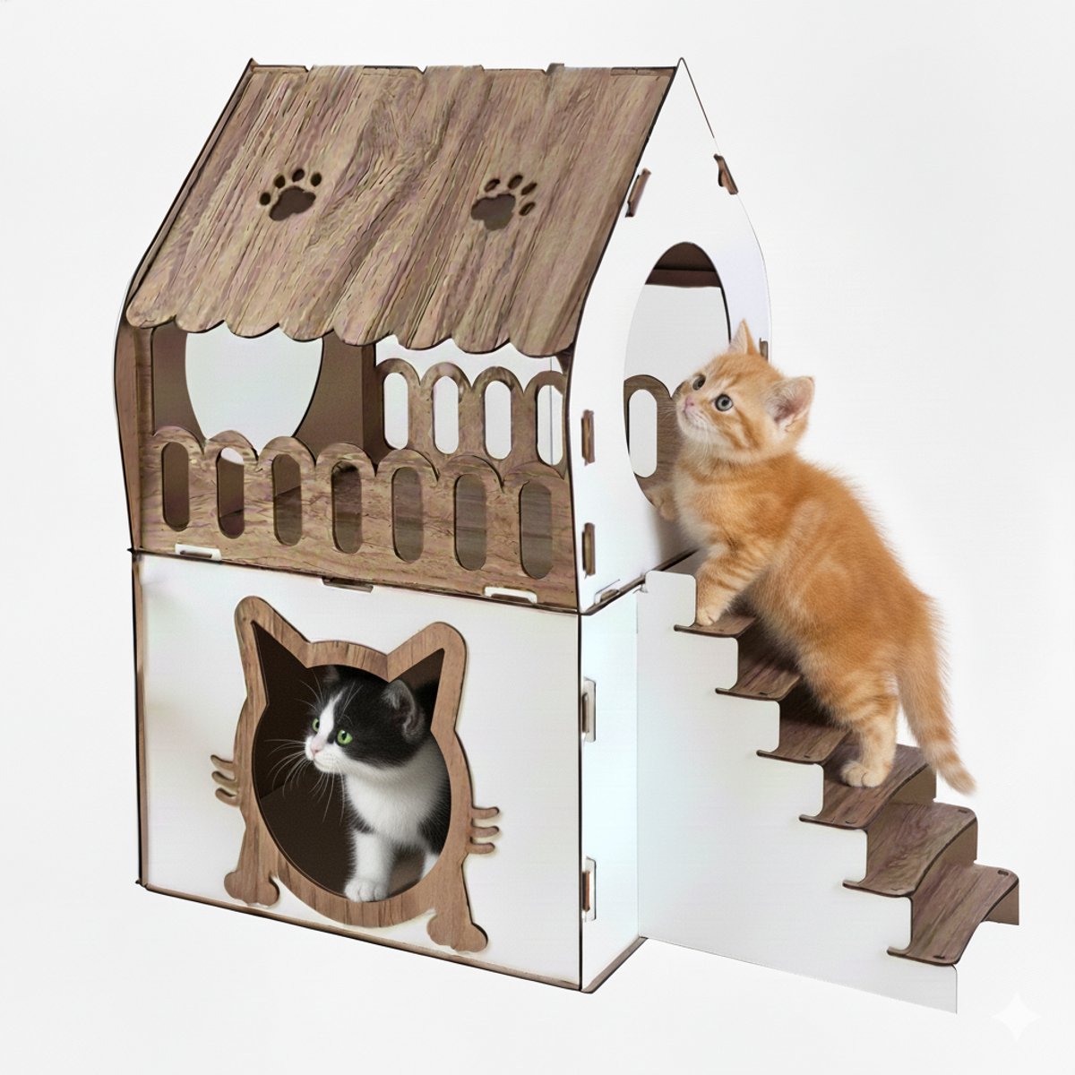 Niche pour chat d’intérieur XL - Niche en bois - 2 étages - Avec escalier - 67 x 39 x 65 cm - Mobilier pour chat d’intérieur - Niche pour chat - Niches pour chats