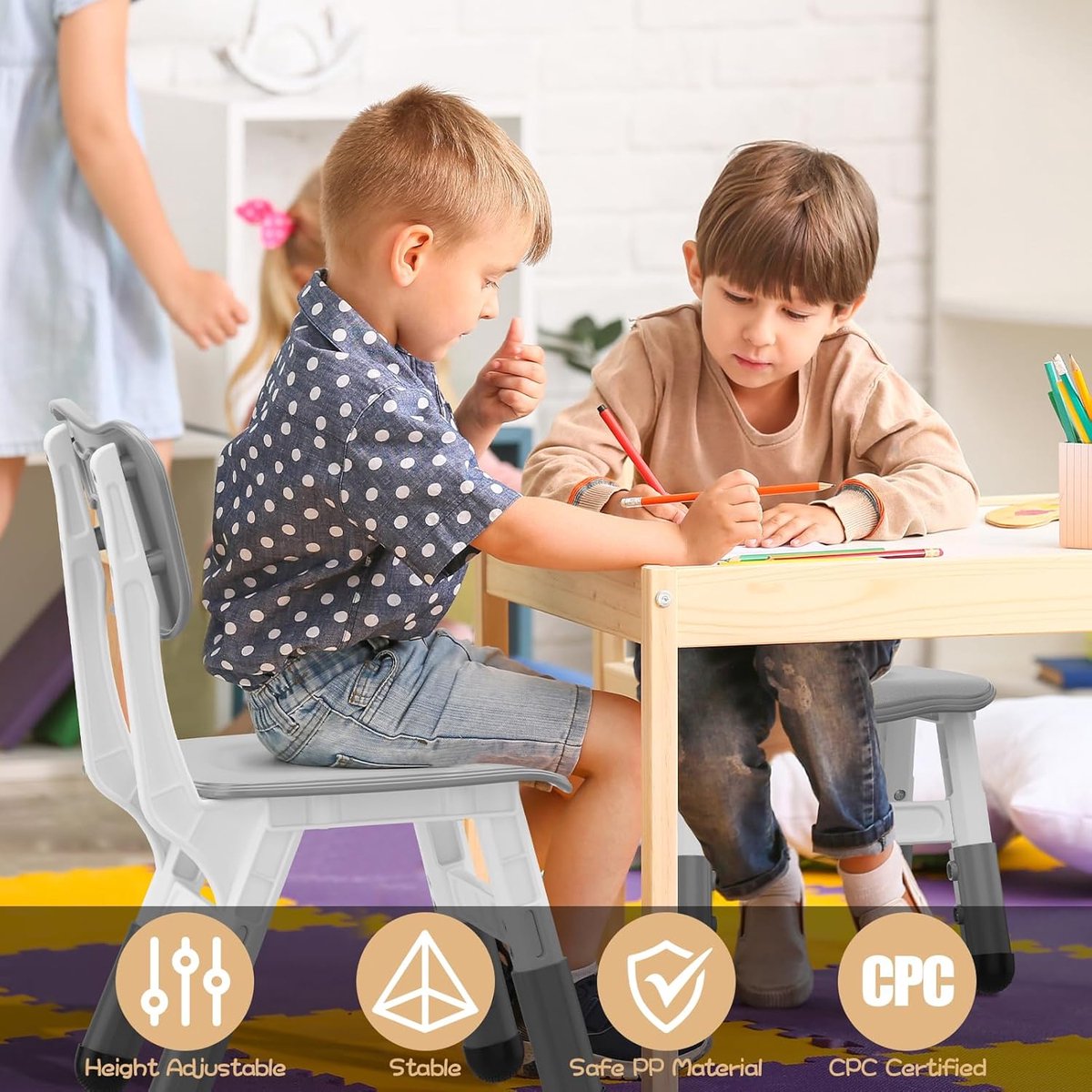 Kinderstoel Set van 2 met hoogte verstelbare stoel, Plastic peuterstoelen voor kinderen jongens meisjes, Kinderen Hangmat stoel, Booster stoelen voor peuters, donkergrijs thumbnail 3