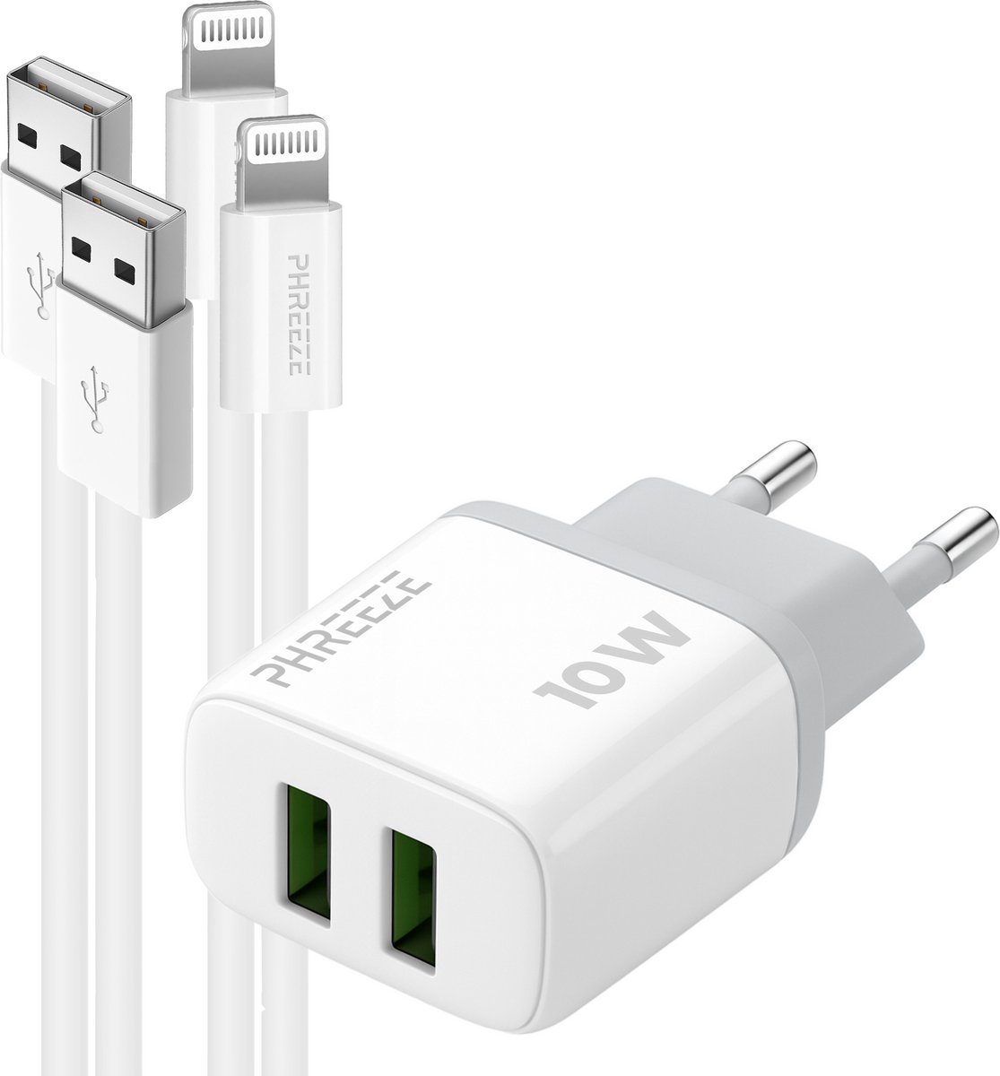 Phreeze usb oplader - Geschikt voor iPhone 14 13 12 11 X XR XS Max Pro Mini Plus en iPad met Lightning kabel - 12 W adapter met 2 kabels