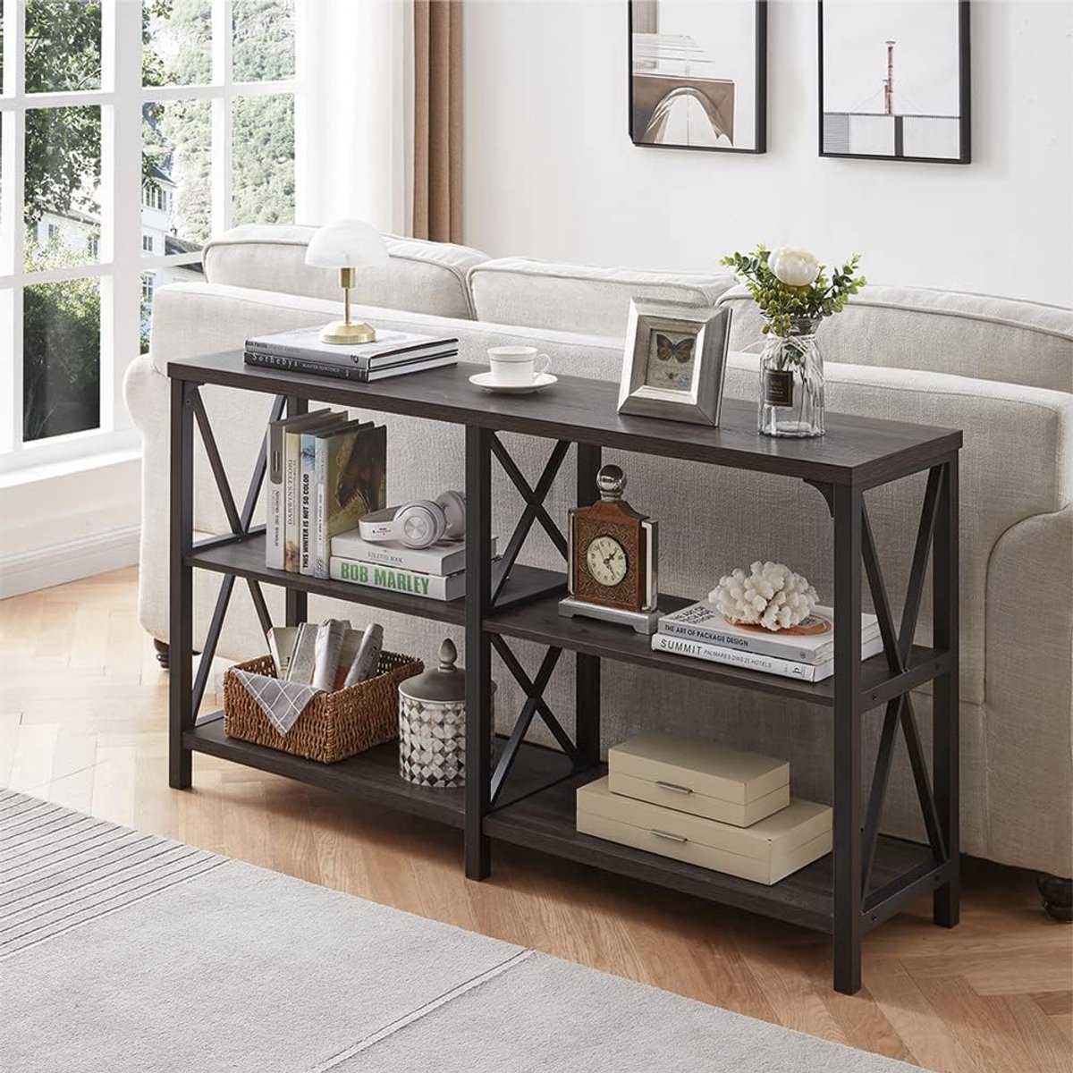 Industriële Consolentafel / Sofa Tafel van Hout en Metaal – Rustieke Houten Hal- en Woonkamer Tafel met 3 Etages en Opslag – HomeByNicole, Donkergrijze Eik, 140 cm
