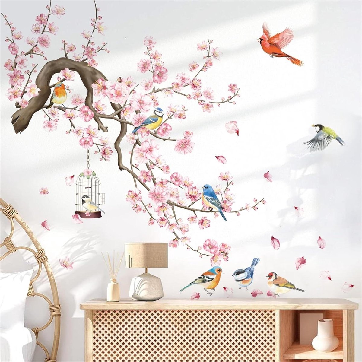 EGoods - Muurstickers kersenbloesem roze bloemen boom tak vogels - Woonkamer slaapkamer TV muurdecoratie