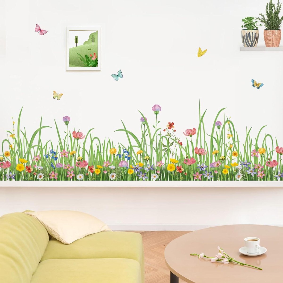 EGoods - Muurstickers met groen gras en wilde bloemen en vlinders voor woonkamer, slaapkamer, eetkamer.