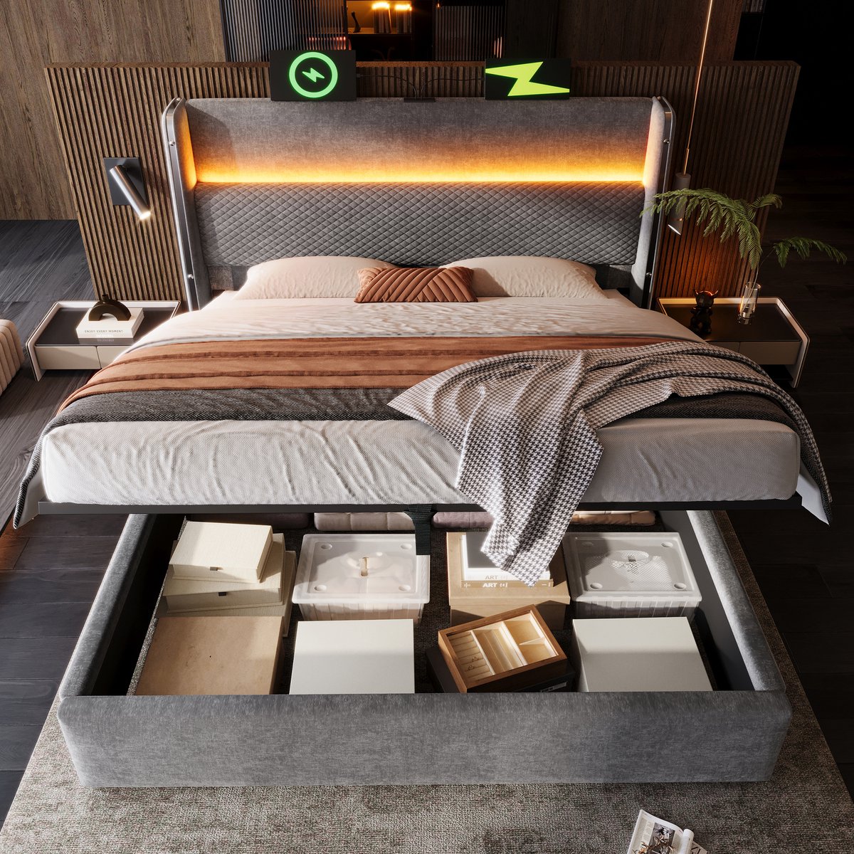 180x200 cm tweepersoonsbed - hoog hoofdeinde - met LED-verlichting - opbergruimte en USB/Type-C-aansluiting - grijs - zonder matras