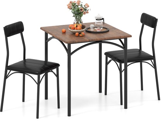 COSTWAY Eetgroep, eettafel met 2 stoelen, vierkante keukentafel en 2 stoelen met gevoerde stoelen, ruimtebesparende eetkamergroep, zitgroep voor eetkamer, keuken