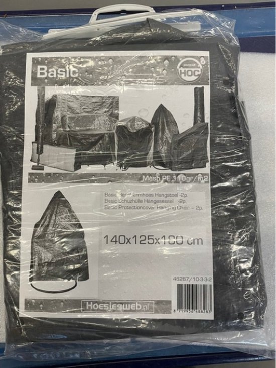 Zwarte "Basic" hangstoelhoes verpakking met afbeeldingen van hoezen.