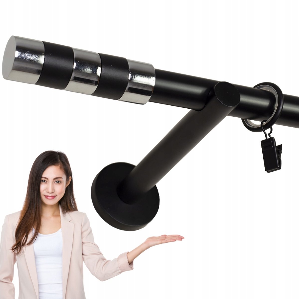 Zwarte metalen gordijnroede 19 mm, 220 cm, stille ring, cilinder eindstukken