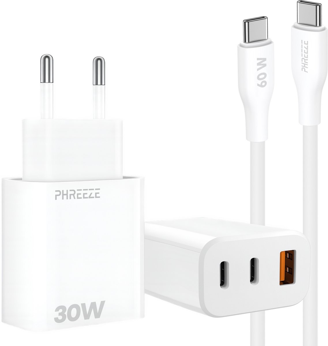 3 - Poorts snellader met usb C met usb A poorten - Incl. usb C naar usb C oplaadkabel 1m