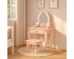Maxx Kidz Kaptafel Kind met Spiegel – Roze Houten Kinder Make Up Tafel met Krukje – Schminktafel voor Kinderen – Meisjes Speelgoed vanaf 3 jaar