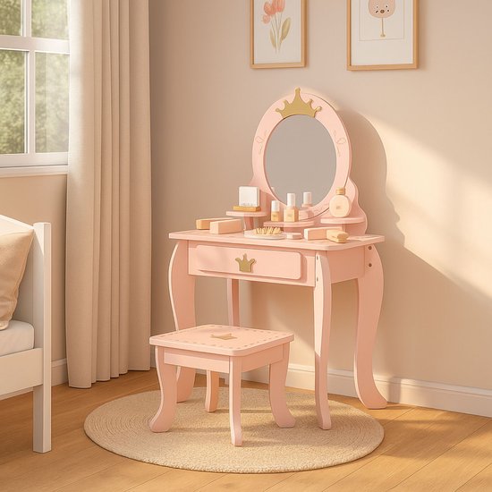 Coiffeuse enfant Maxx Kidz avec miroir - Coiffeuse Kinder en bois rose avec tabouret - Coiffeuse Enfants - Jouets Filles dès 3 ans