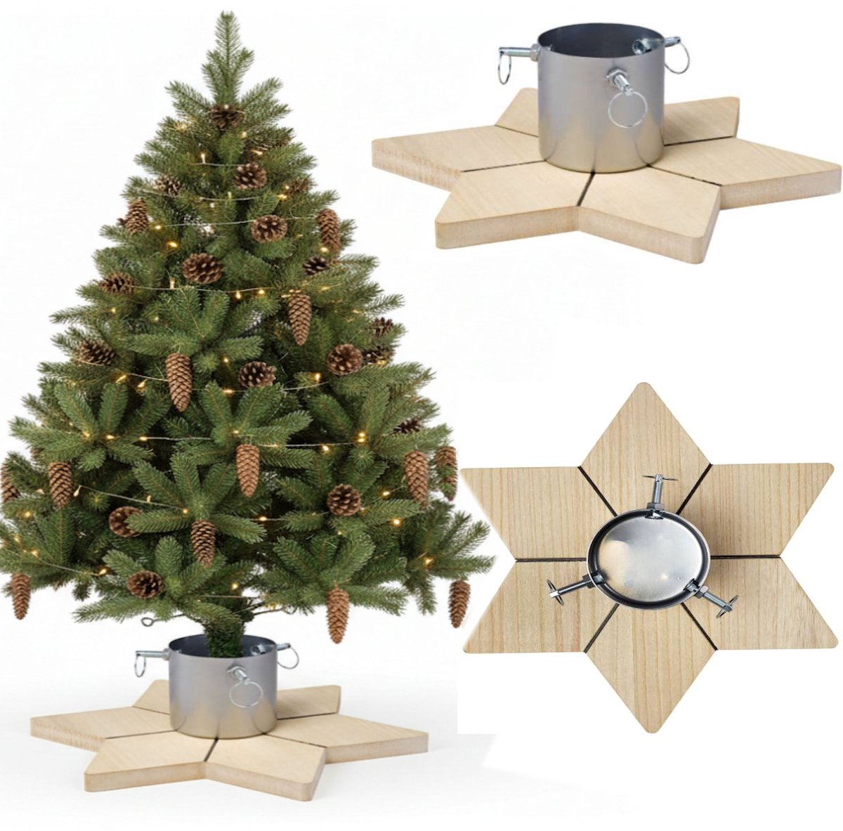 COIL Kerstboomstandaard, Kerstboom basis, Rustiek onderstel, waterniveau-indicator, Met waterreservoir van 1L, diameter tussen 3,5 en 9 cm, geschikt voor kerstbomen tot 230 cm hoog, Metaal/MDF, Breedte: 47 cm, Zilver