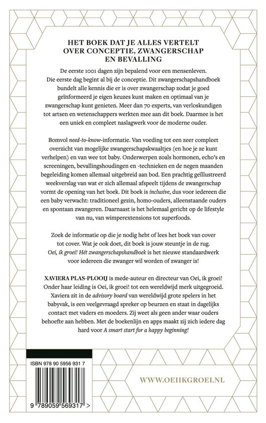 Pagina met tekst uit 'Oei, ik groei! Hét zwangerschapshandboek'. Over conceptie, zwangerschap, bevalling en voeding. Met ISBN en website.