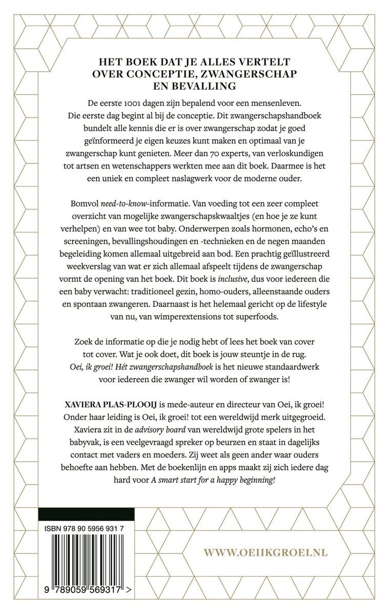 Pagina met tekst uit 'Oei, ik groei! Hét zwangerschapshandboek'. Over conceptie, zwangerschap, bevalling en voeding. Met ISBN en website.