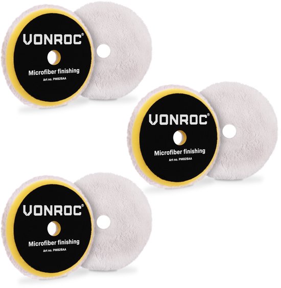 Drie Vonroc microvezel polijstschijven met gele en zwarte labels, elk met een witte polijstpad.