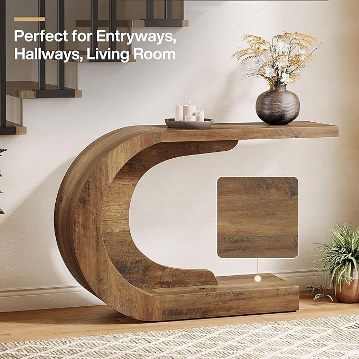 Consoletafel woonkamer en hal - HomeByNicole houten bijzettafel, vintage bruin, C-vorm design, 110 x 35 x 75 cm, entree tafel voor foyer, hal en woonkamer decoratie