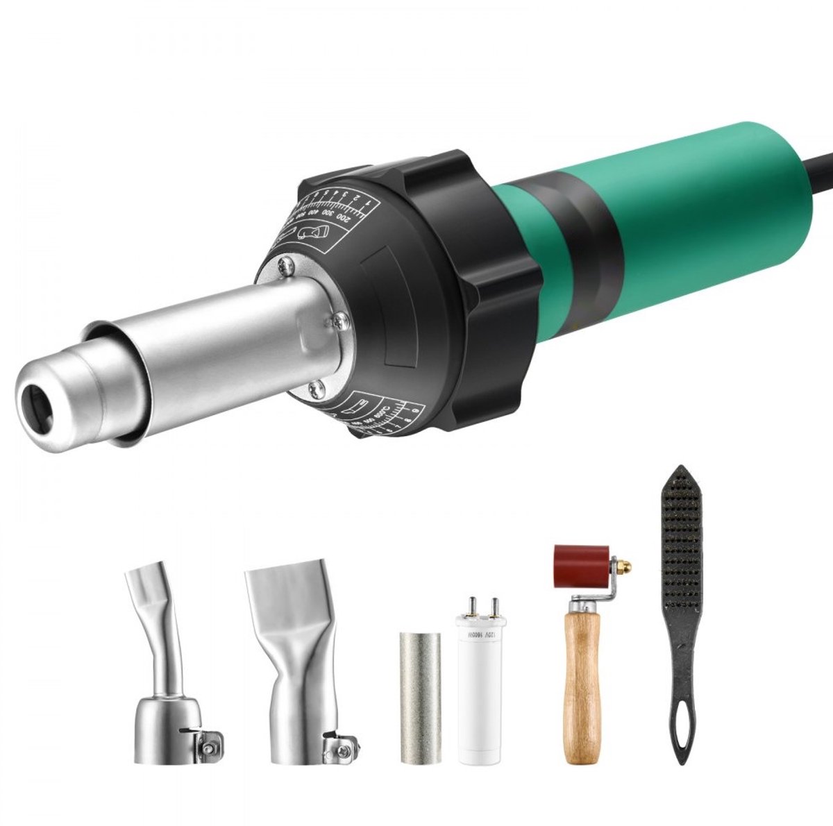 Kunststof Heteluchtlasapparaat - Heteluchtpistool - 1600W - 50-600°C Temperatuurregeling - PVC TPO PP PE Vinyl - Incl. 5-delige Lasset - 2 Platte Mondstukken - Naadroller + Borstel