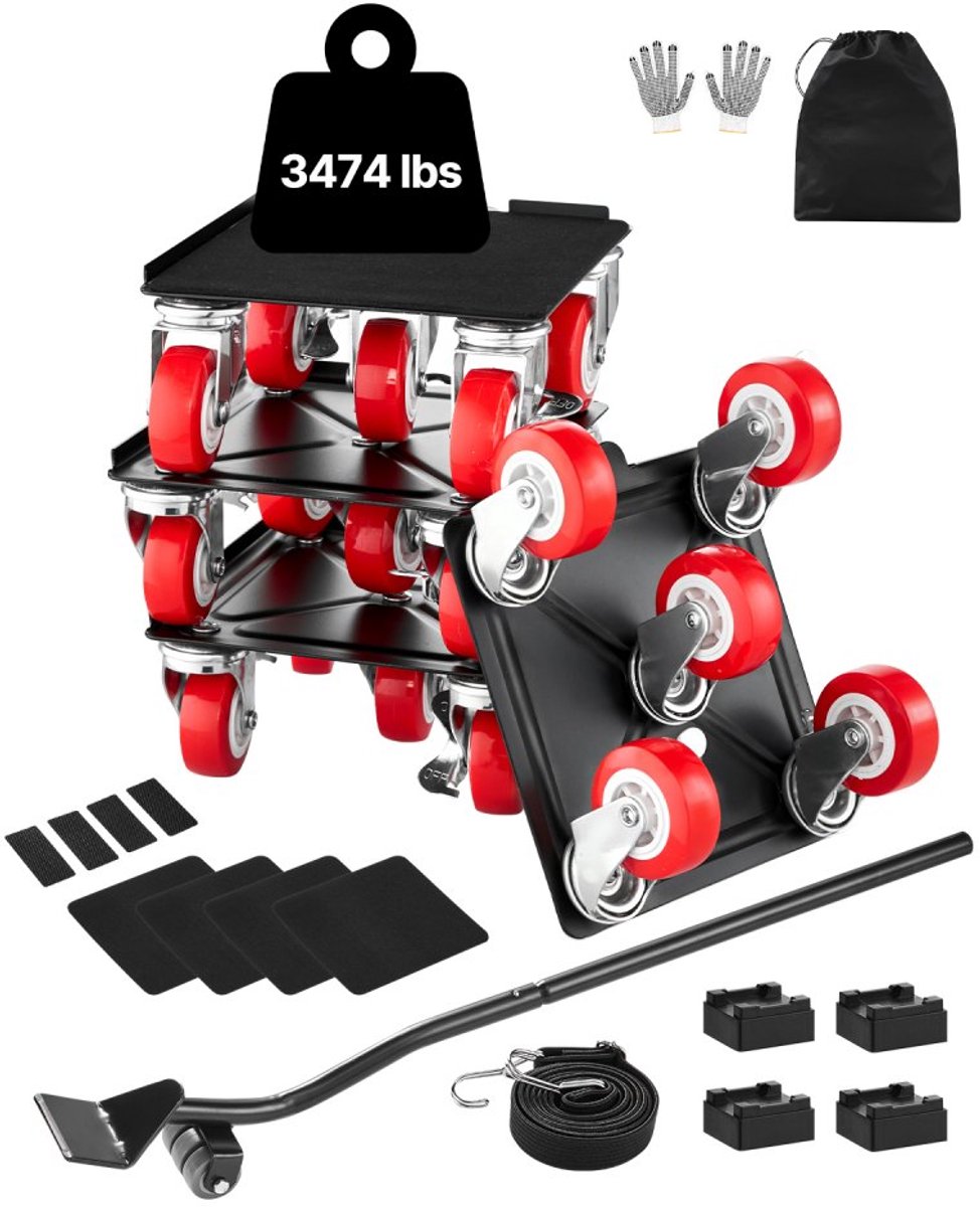 Meubelverplaatser - Meubelroller Set met Hefstang - Draagvermogen 1575 kg - Zwenkwielen 5x 360° - Afmetingen 175 x 160 x 70 mm - Voor Meubels, Koelkasten en Wasmachines