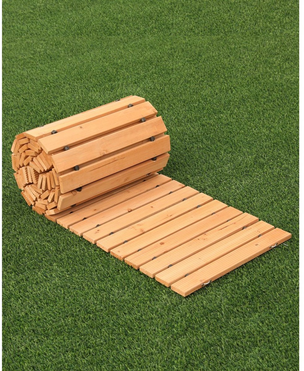 Uitrolbaar Tuinpad - Houten Looppad - Formaat 368 x 43 cm - Cederhout - Met Staalkabelverbinding - Flexibel & Weerbestendig - Voor Tuin, Achtertuin & Terras