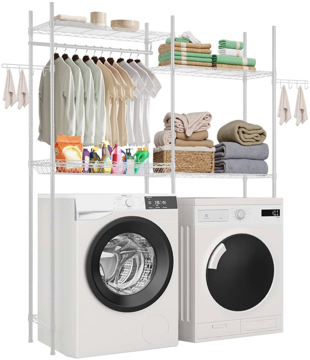 Wasmachine en droger opbergrek - Overbouwrek 4-laags - Verstelbare planken - Met kledingstang en haken - Ruimtebesparend - Wit